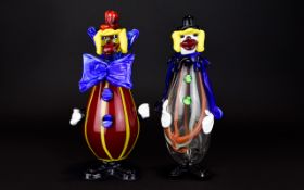 Murano - Italy Pair of 1960's - Novelty Multi-Coloured Glass Figures of Clowns - Please See Photo.