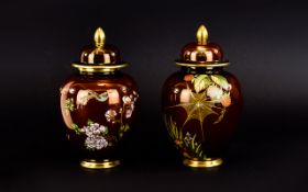 Carlton Ware Rouge Royale Pair of Lidded Ovoid Vases, Decorated In Painted Enamels to Covers and