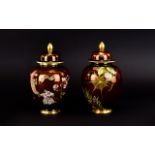 Carlton Ware Rouge Royale Pair of Lidded Ovoid Vases, Decorated In Painted Enamels to Covers and