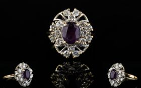 Ladies 9ct Gold Amethyst and Diamond Cluster Ring. Flower head Setting.