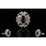 Ladies 9ct Gold Amethyst and Diamond Cluster Ring. Flower head Setting.