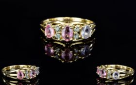 9ct Gold Multi Coloured 7 Stone Set Dress Ring. c.1970's. Fully Hallmarked. Ring Size - R. Excellent