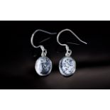 Dendritic Opal Pair of Drop Earrings, oval cut solitaires, bezel set in silver with shepherd's