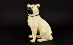 Staffordshire - Fine Quality 19th Century Large Porcelain Realistic Pug Figurine In Seated Position.