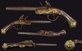 Cannon Barrel Flintlock Pistol Brass Mounts, Length 14 Inches.