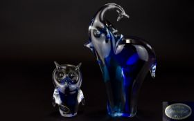 Murano - 1970's Stylished Glass Elephant Figurine In Blue and Clear Colour way with Murano Label to