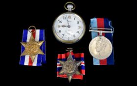 WW2 Three Military Medals, Together With A Military Open Faced Pocket Watch, Dial Marked Grana,