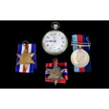 WW2 Three Military Medals, Together With A Military Open Faced Pocket Watch, Dial Marked Grana,