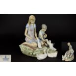 Lladro - Signed Porcelain Figure Group - Boy and Girl Playing ' Ducks at a Pond ' Model No 5303.
