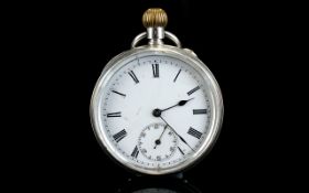 Antique Silver Pocket Watch with white face and Roman Numerals to dial.