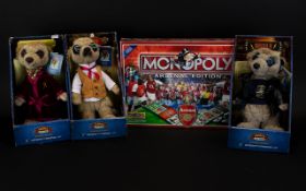 A Collection Of Toys Including Monopoly Arsenal Edition and three compare the meerkat toys