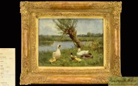 Constant Artz (Dutch 1870-1951) Original Oil On Ply-Panel 'Ducks And Ducklings By A Willow Early