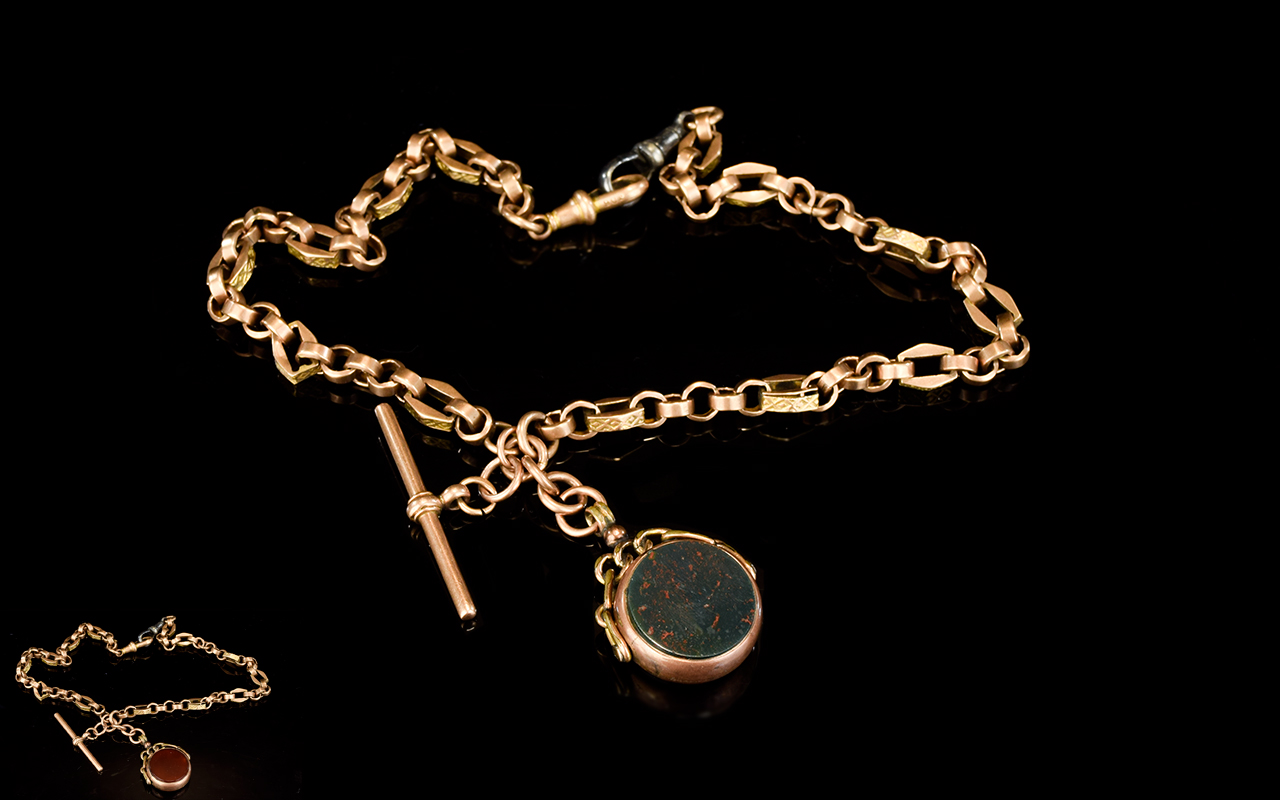 Antique Period 9ct Rose Gold Fancy Double Albert Chain with T-Bar and Blood Stone mounted swivel