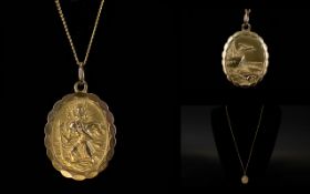 9ct Gold Oval Shaped St. Christopher's Medallion with Attached 9ct Gold Chain.