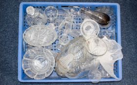 A Box Of Assorted Glassware including decanters, drinking glasses, flower vases,