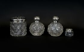 An Edwardian Silver And Cut Glass Vanity Set Four items in total to include rouge pot,