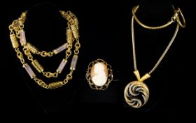 Three Pieces Of Vintage Costume Jewellery To include very long gold tone and rose quartz statement
