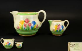 Clarice Cliff Royal Staffordshire Large and Small Milk Jugs ( 2 ) In The ' Crocus ' Design.