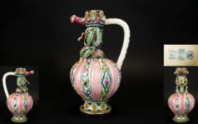 Zsolnay Pecs Hungry Hand Painted Pottery / Pitcher. c.1880, of Superb Form and Colour.