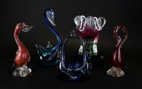A Small Collection of Bohemia and Venetian Glass Figures and Vases ( 5 ) In Total.