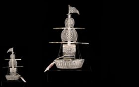 Mid 20th Century Handmade Silver Wire Worked Filigree Boat / Ship.