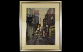 Original Pastel Drawing By A Collins 'The Shambles York' Framed pastel drawing depicting a group of