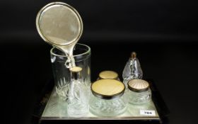 Plated Metal And Enamel Vanity Set Early 20th century seven piece matched set in silver tone metal
