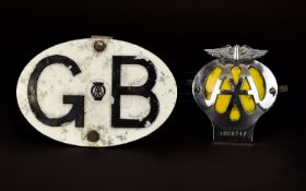 A Vintage Metal G.B Car Badge by The ' AA ' Complete with a Winged ' AA ' Car Badge.