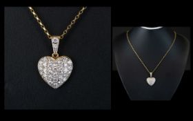9ct Gold - Heart Shaped Pendant Drop Set with CZ Stones, Attached to a 9ct Gold Belcher Chain.