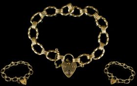 A Good Quality 1960's - Open Link 9ct Gold Bracelet with 9ct Gold Heart Shaped Padlock and Safety