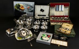 Box of Assorted Metalware including silver plated round gallery bottle holder, fork and knife set,