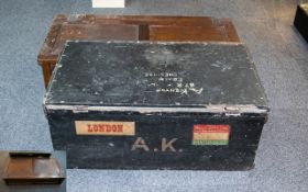 Antique Travel Trunk And Associated Wood Panel Trunk Large black trunk circa early 20th century,