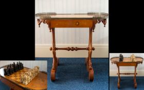 Victorian Style Games Table The top with brass gallery and chessboard.