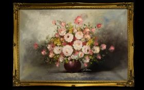 A Large Floral Still lIfe Oil On Canvas Impasto oil on canvas in muted pink and grey tones