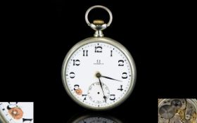 Omega - Open Faced Nickel Chrome Cased Keyless Pocket Watch, Lever Escapement, Compensation Balance,