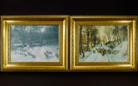 A Pair Of Decorative Landscape Prints Two textured prints depicting sheep in winter landscape.