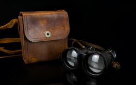 World War II - Painted Brass Military Field Binoculars with Original Leather Case and Strap.