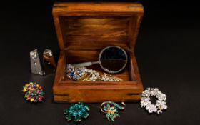 A Small Wooden Jewellery Box Containing Various Items of Costume Jewellery Domed,
