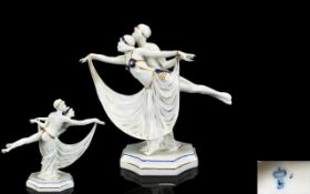 Sitzendorf Art Deco Period Hand Painted Porcelain Figurine - The ' Dancers ' Decorated In Blue and