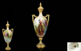 Royal Worcester Twin Handle Hand Painted and Signer Urn Shaped Vase ' Peacock ' In a Woodland