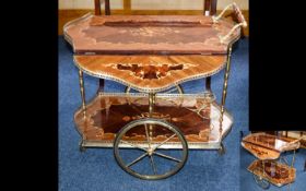Vintage Retro Cocktail Cart Inlaid wood two tier drinks trolley with extending, hinged top section