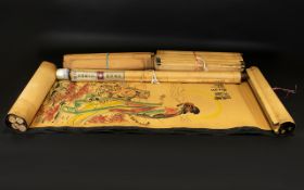 A Collection Of Chinese Wall Scrolls Seven vintage decorative scrolls, various themes,