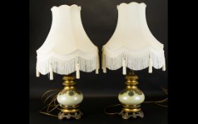 A Pair Of Antique Brass And Pearlescent Glass Table Lamps Two in total,