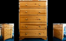 Pine Chest Of Drawers Five drawers, of plain form on bracket feet, height 43 inches,