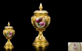 Royal Worcester Nice Quality and Hand Painted Lidded Pedestal Vase ' Roses ' Stillife to Panels,