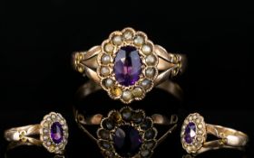 Antique Period 9ct Gold - Amethyst and Seed Pearl Dress Ring, The Central Amethyst Surrounded by