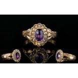 Antique Period 9ct Gold - Amethyst and Seed Pearl Dress Ring, The Central Amethyst Surrounded by