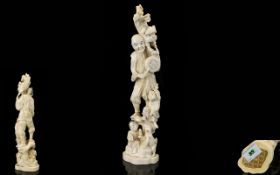 Japanese - Impressive and Tall Carved Ivory Okimono Figure Group with Mythical and Folk Tale Theme