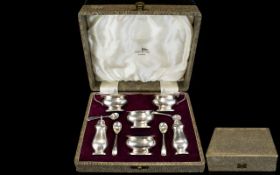 Walker and Hall - Boxed ( 10 ) Piece Silver Plated Condiment Set, Complete with Blue Liners. c.