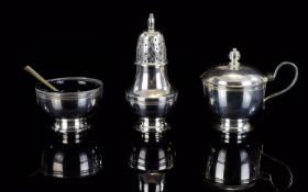 Queen Elizabeth II Solid Silver 3 Piece Cruet Set, Comprises Pepperette, Mustard Pot and Salt.